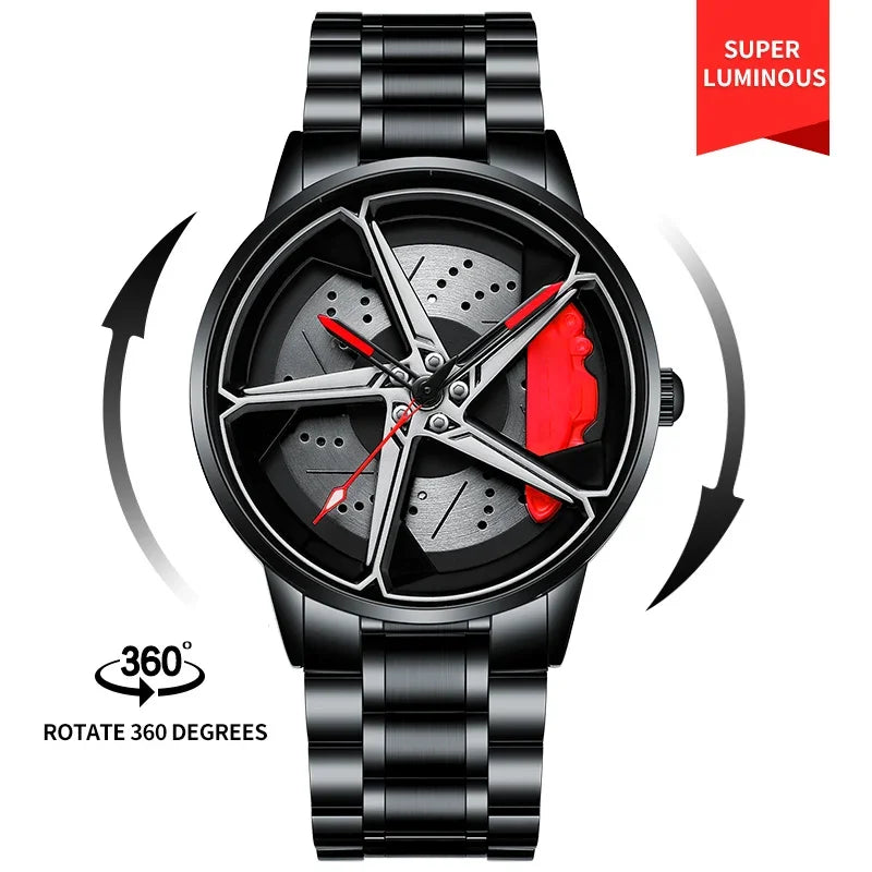 Sports Car Wheel Hub Men Watch Waterproof Rotate Watches Rim Watch Spinning Men'S Sports 360° Rotate Wheel Watches for Men Clock