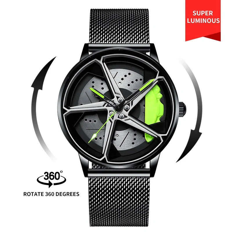 Sports Car Wheel Hub Men Watch Waterproof Rotate Watches Rim Watch Spinning Men'S Sports 360° Rotate Wheel Watches for Men Clock