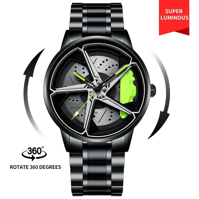 Sports Car Wheel Hub Men Watch Waterproof Rotate Watches Rim Watch Spinning Men'S Sports 360° Rotate Wheel Watches for Men Clock